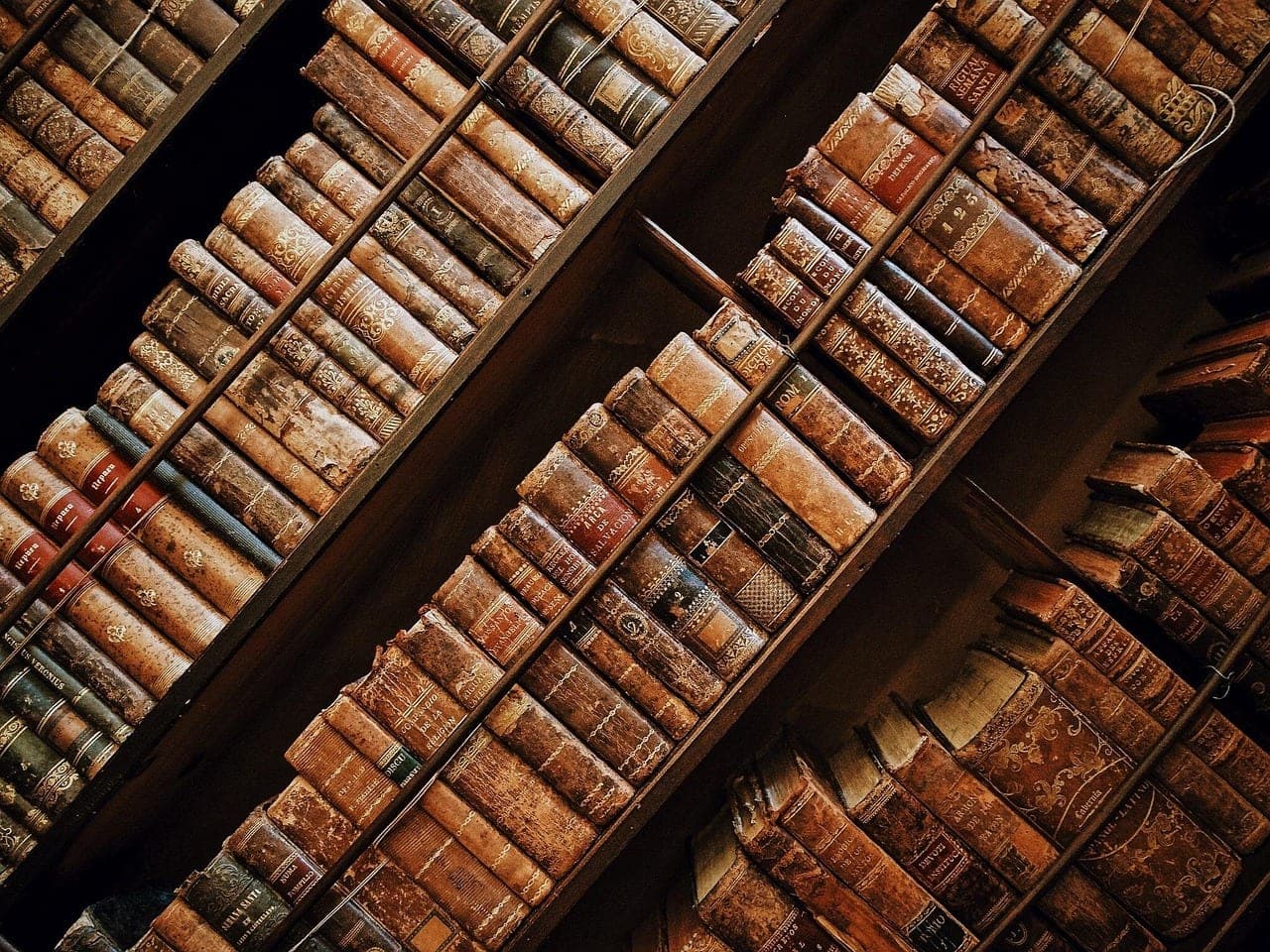 Rows of leather-bound books, raised bands and gilded titles.
