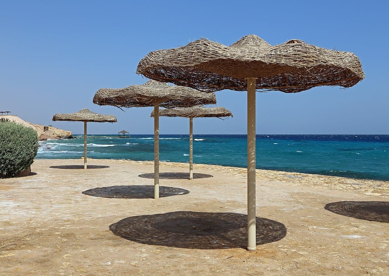 Straw parasols over a seafront terrace, facing the turquoise water of the Red Sea.