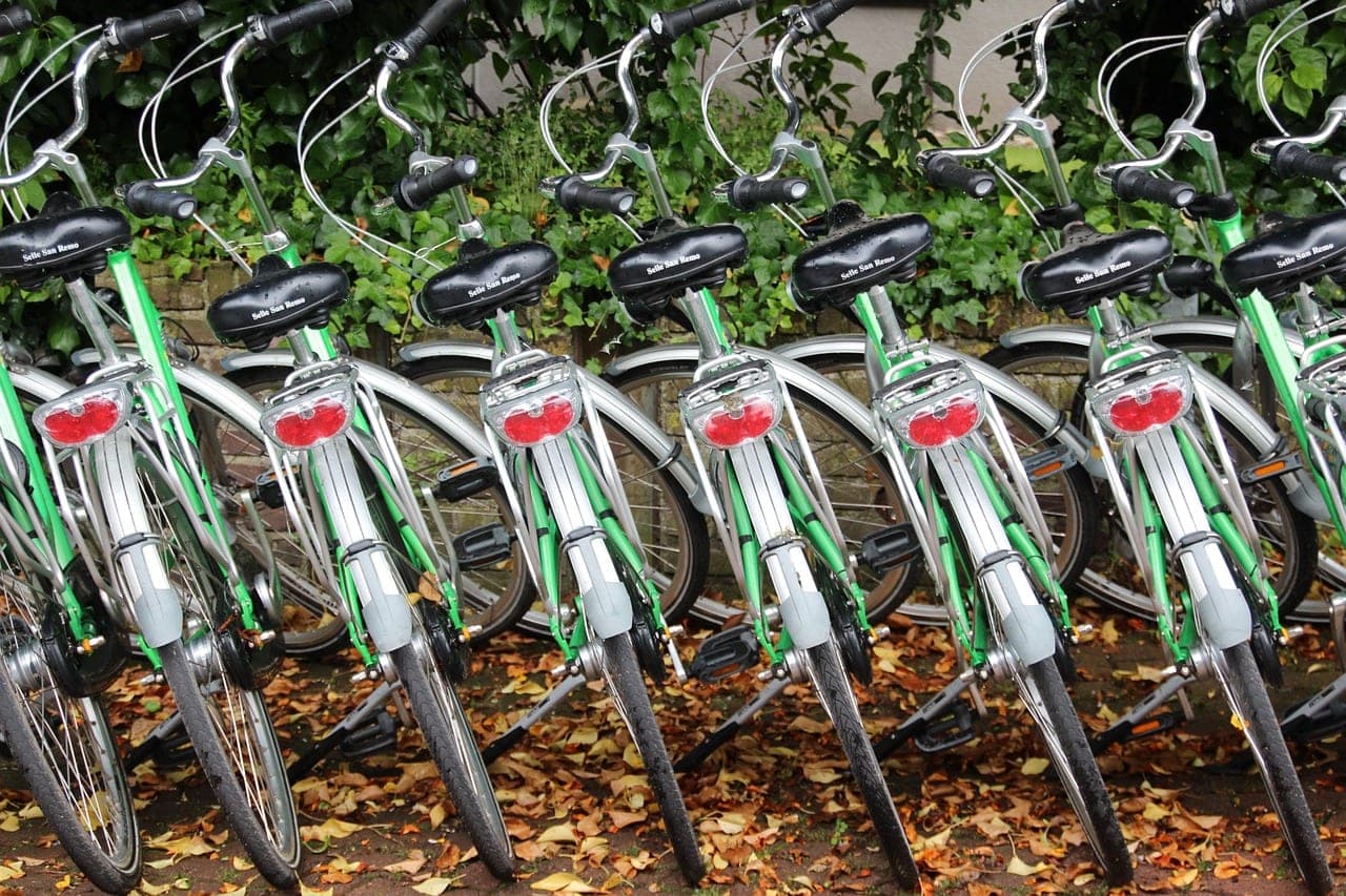 Identical rental bicycles, lined up side by side.