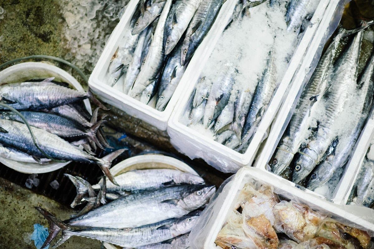 Crates of silver fish on the stall