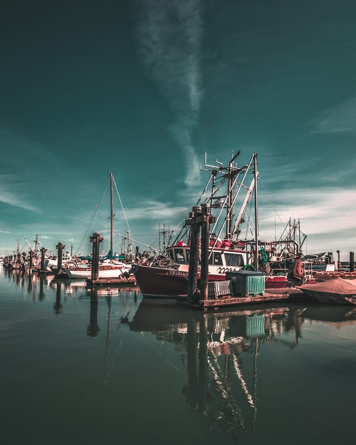 Trawlers moored at dusk
