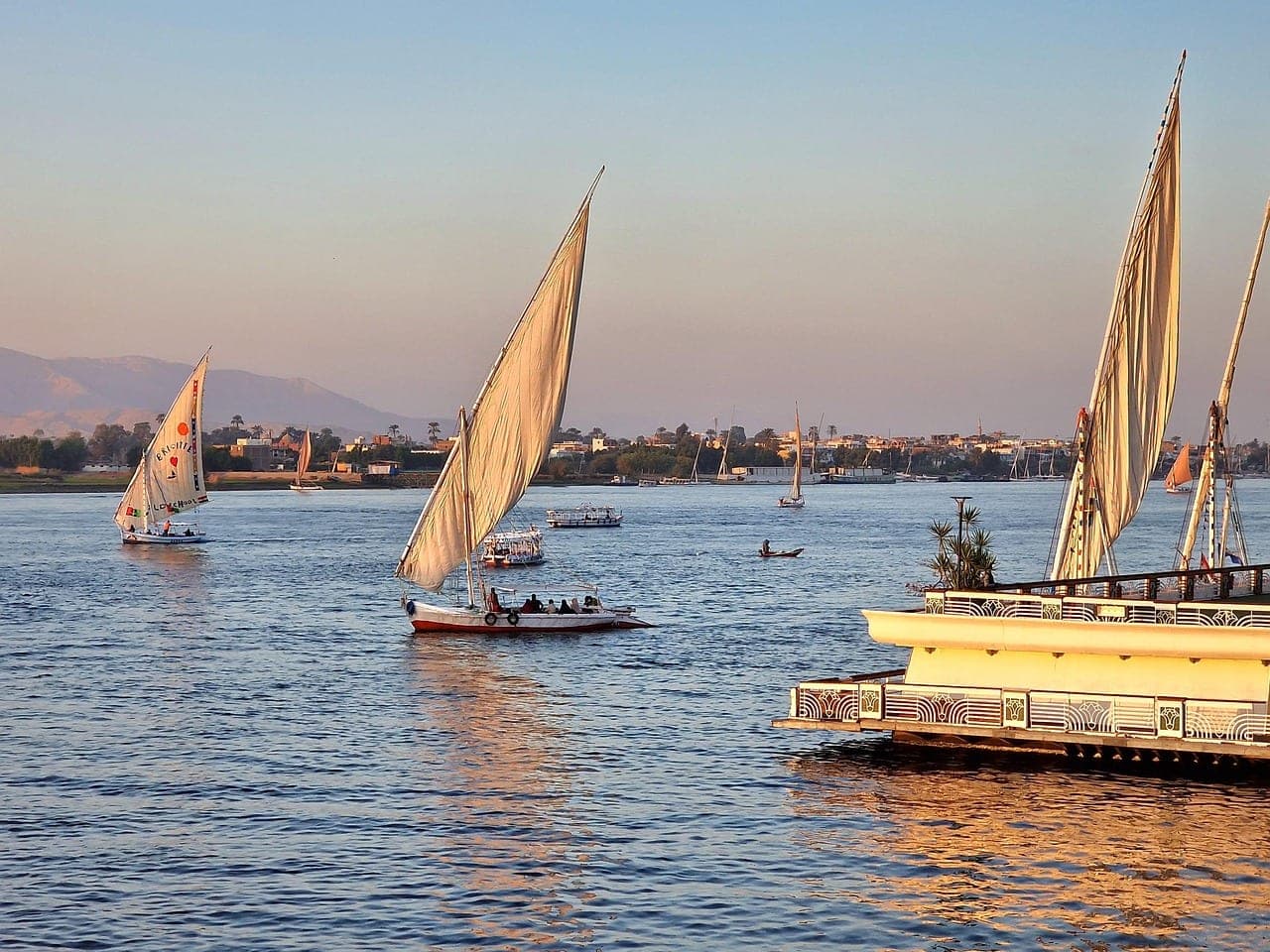 Feluccas under sail on the Nile at sunset, in front of an inhabited bank.