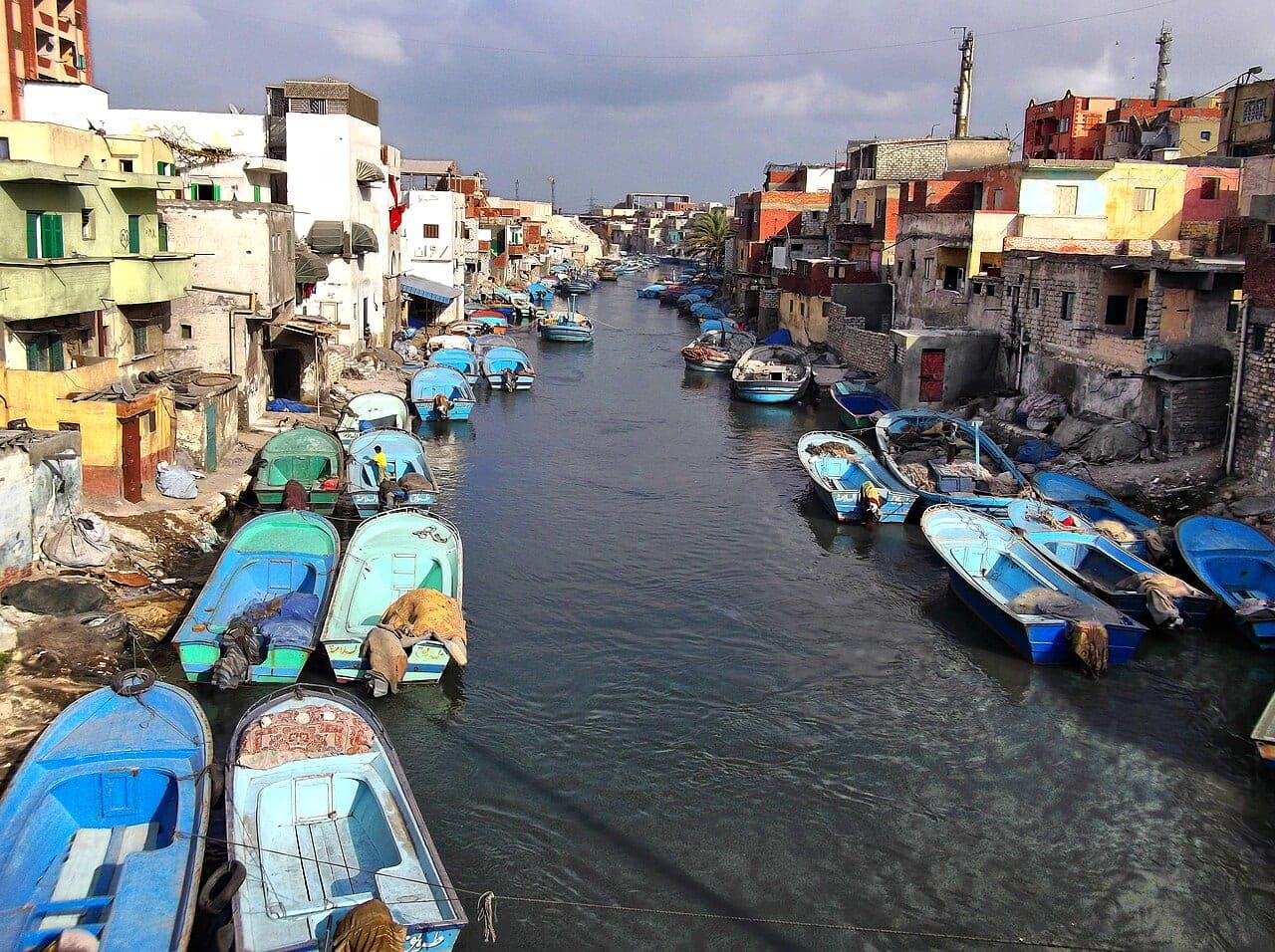 Blue fishing boats moored on both sides of a canal lined with houses.