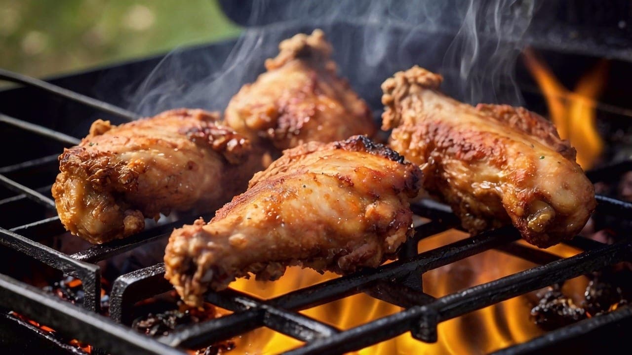 Golden pieces of poultry on the grill, above the flames.