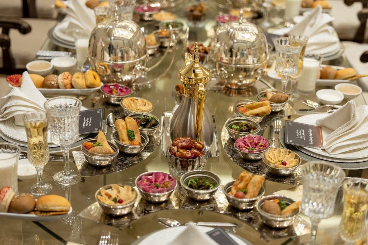 A mezze table in small silver bowls