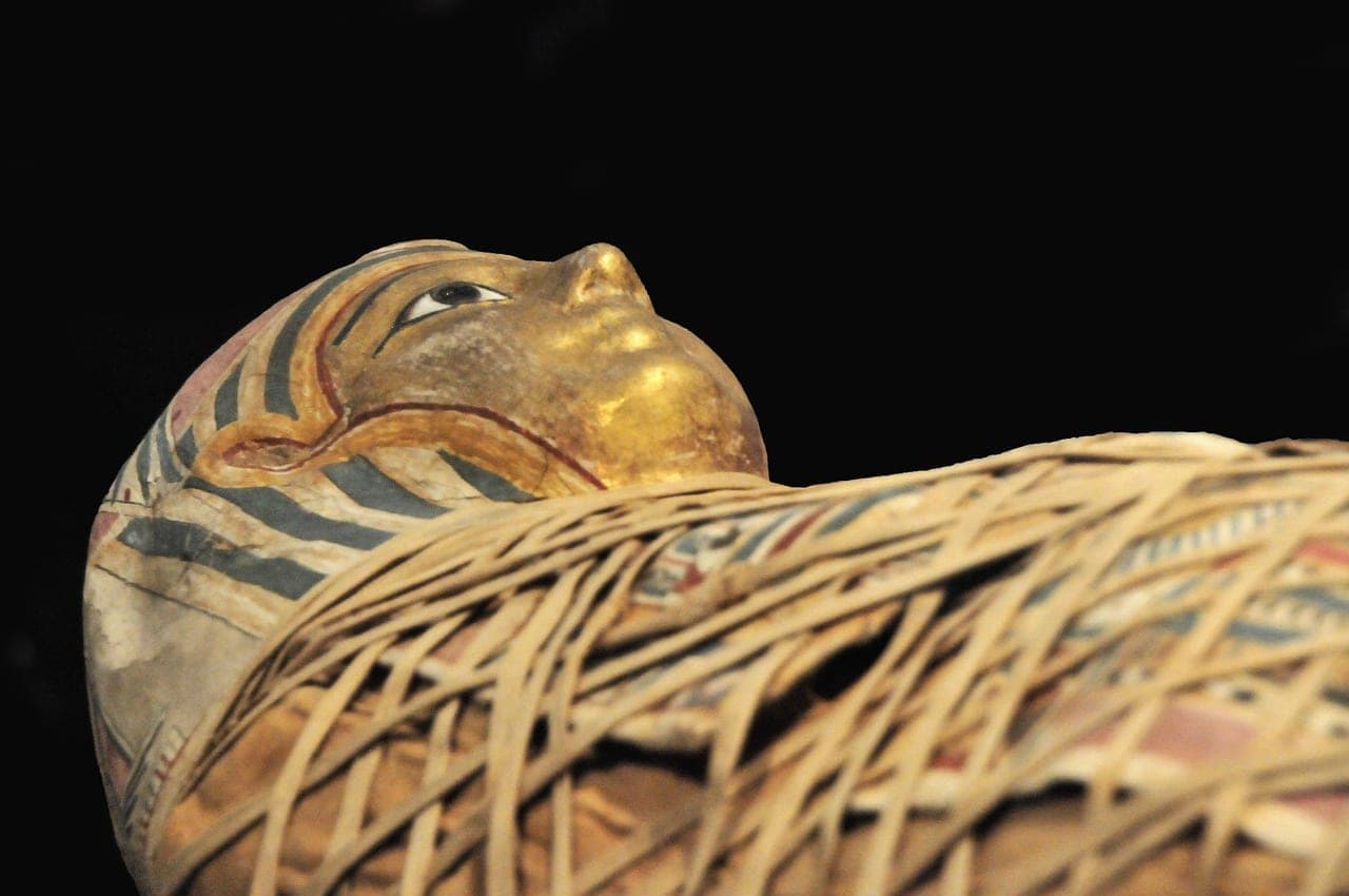 A gilded funerary mask and a mummy's linen wrappings, against a black background.
