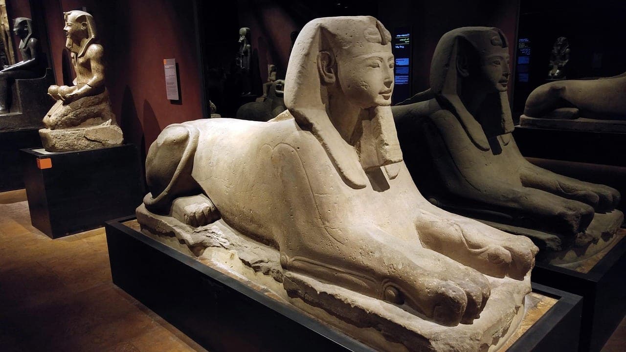Two stone sphinxes lined up in a dimly lit museum room.