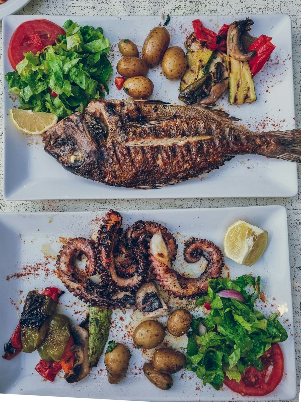 A whole grilled fish and octopus, lemon and salad