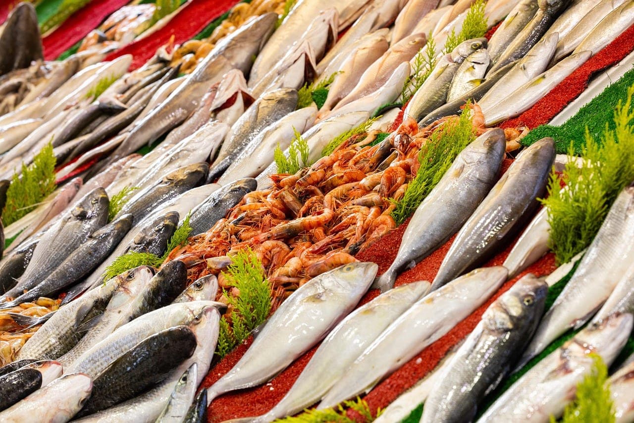 Whole fish laid out in rows on a fishmonger's stall, pink shrimp in the middle.
