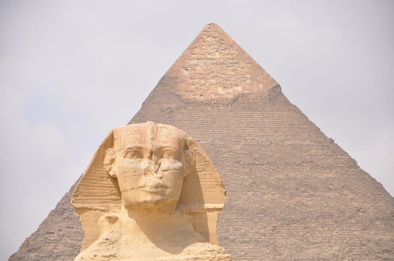 The Sphinx, with the pyramid of Khafre behind it.