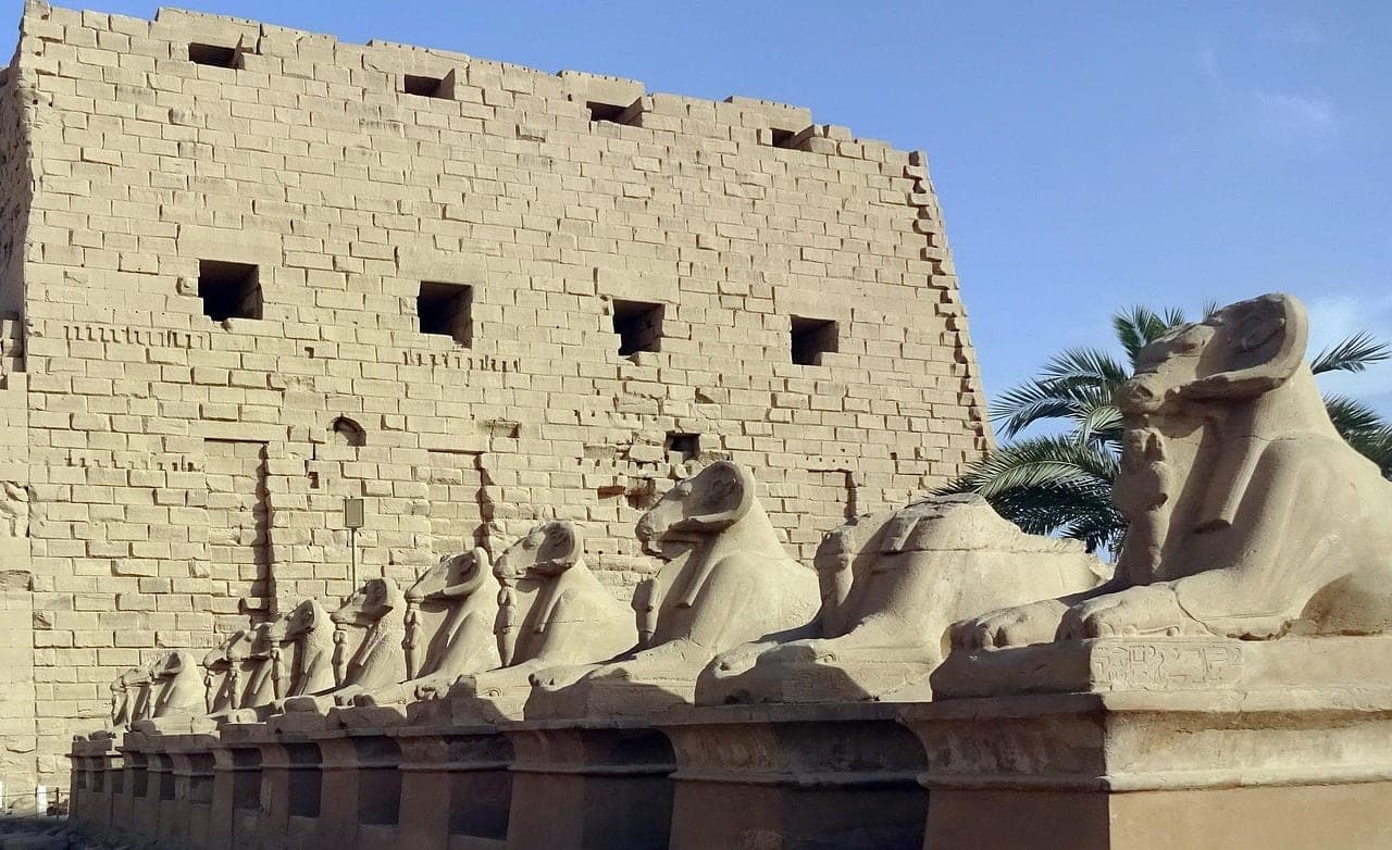 The avenue of ram-headed sphinxes, before the first pylon.