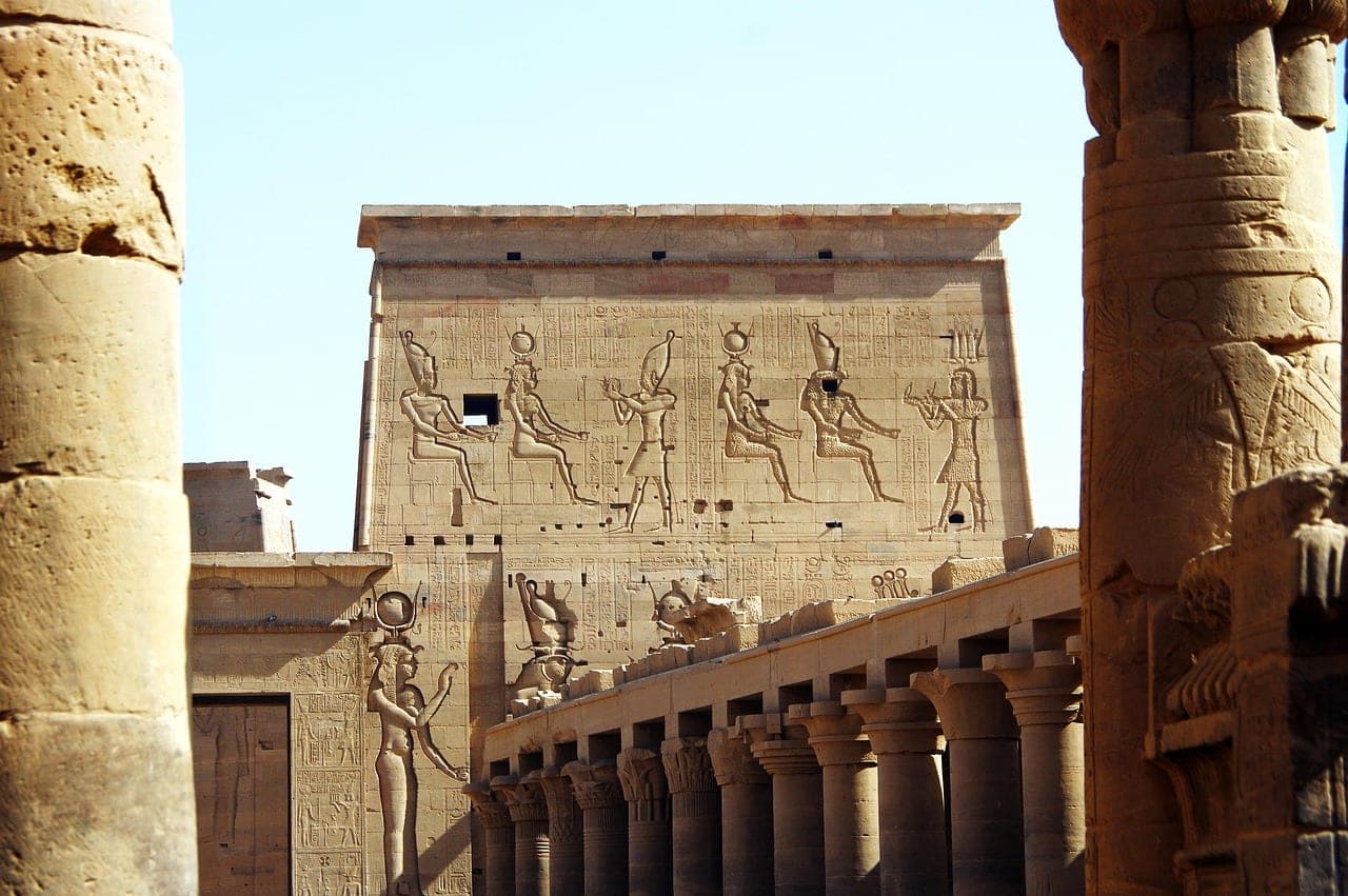 The great pylon: Isis and Horus carved the height of the wall.