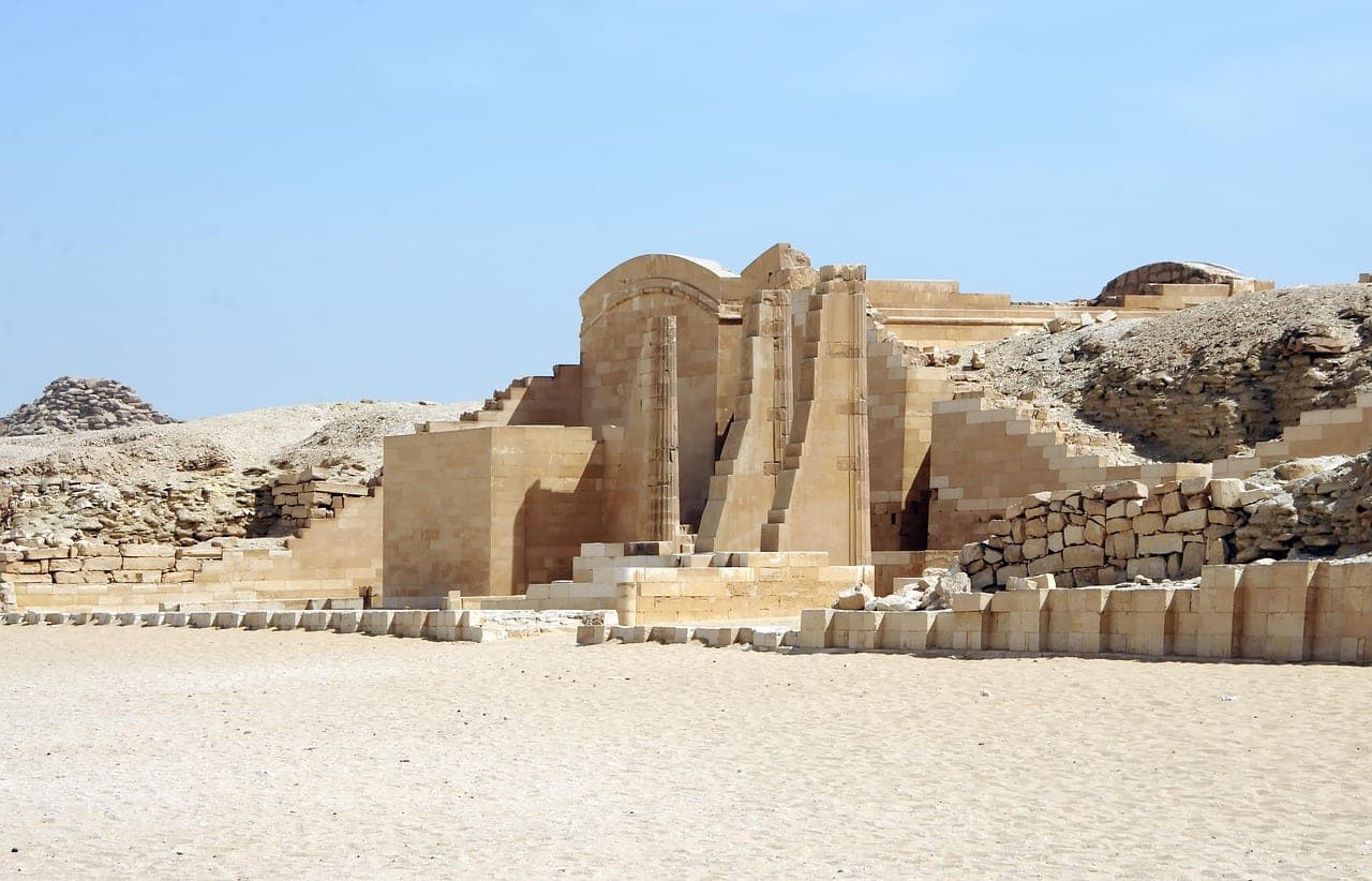 The entrance to Djoser's complex, its columns cut as bundled reeds.