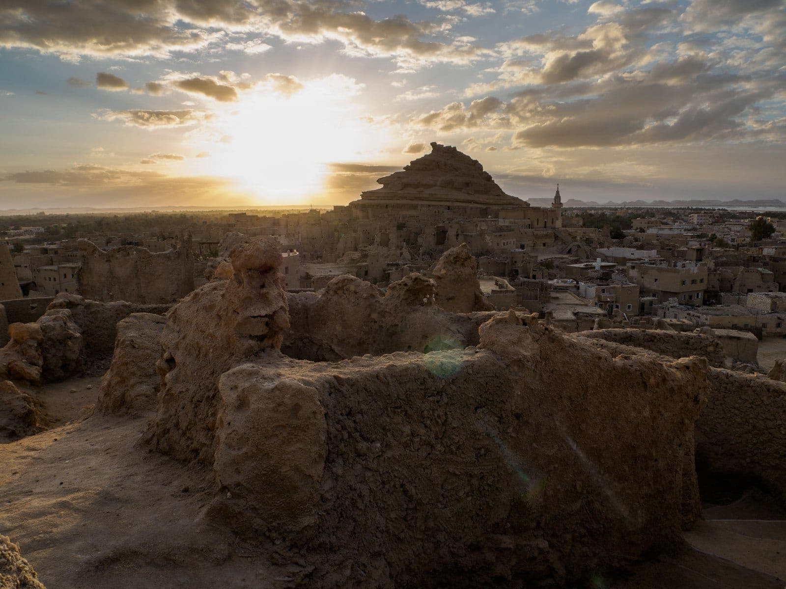The Shali fortress, built of salt and mud brick, at sunset.